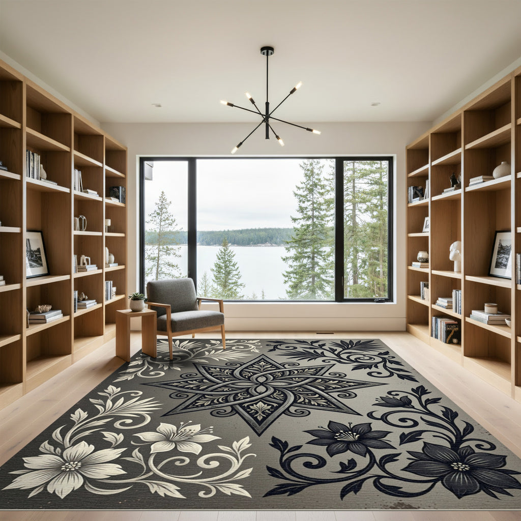 Monochrome Floral Star Symmetry Rug