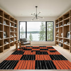Bold Burnt Orange Black Checkered Grid Rug