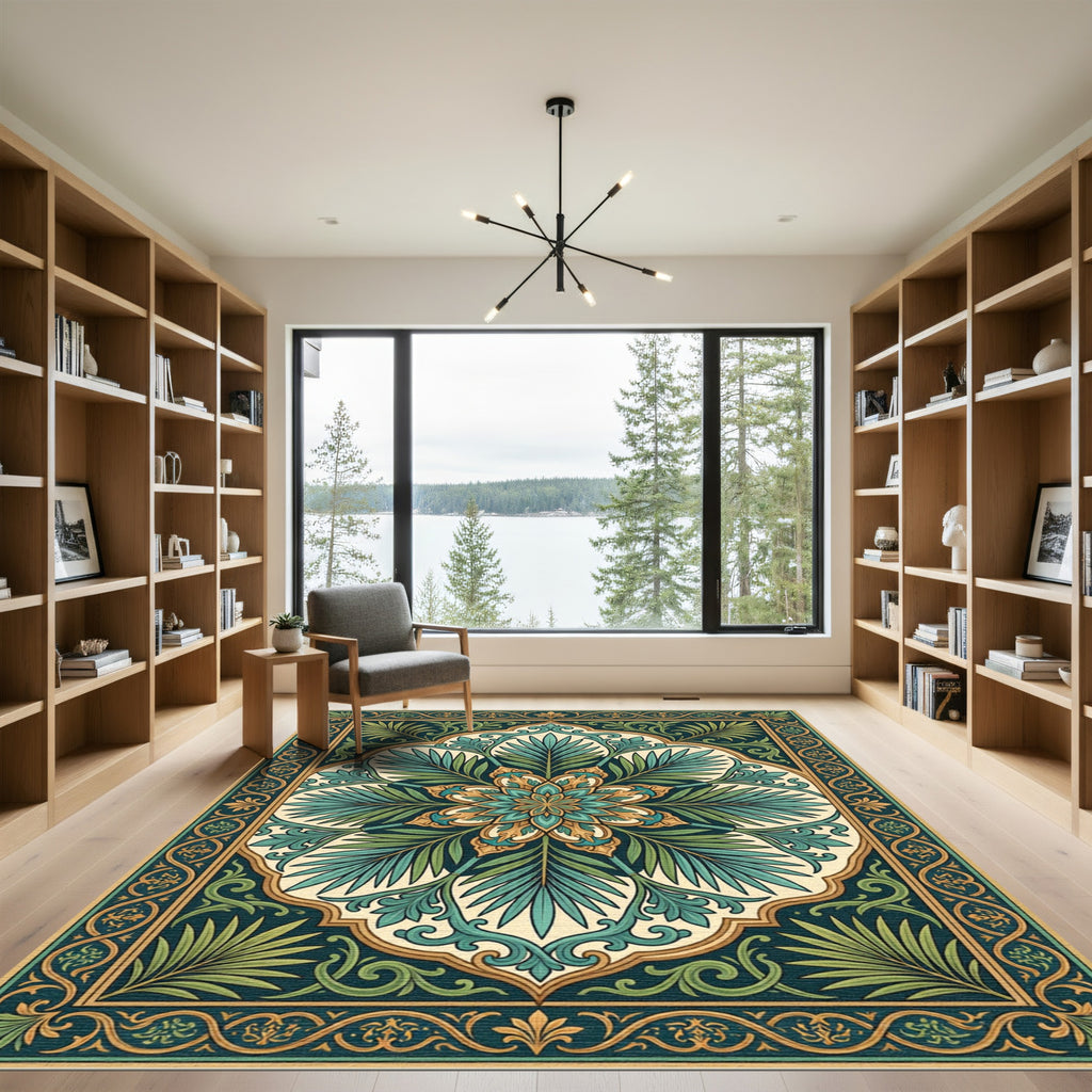 Elegant Emerald Tropical Botanical Medallion Rug