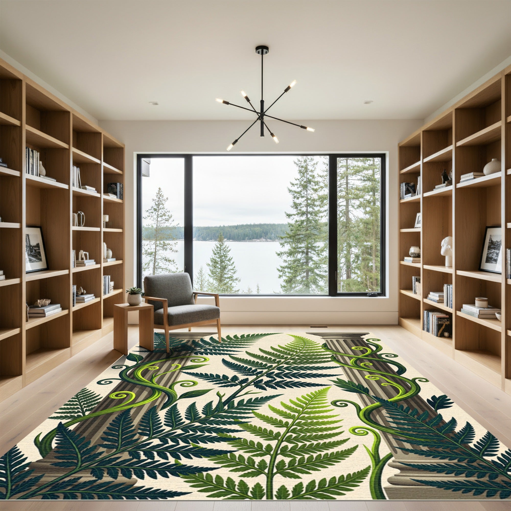 Lush Green Ferns and Classical Columns Rug