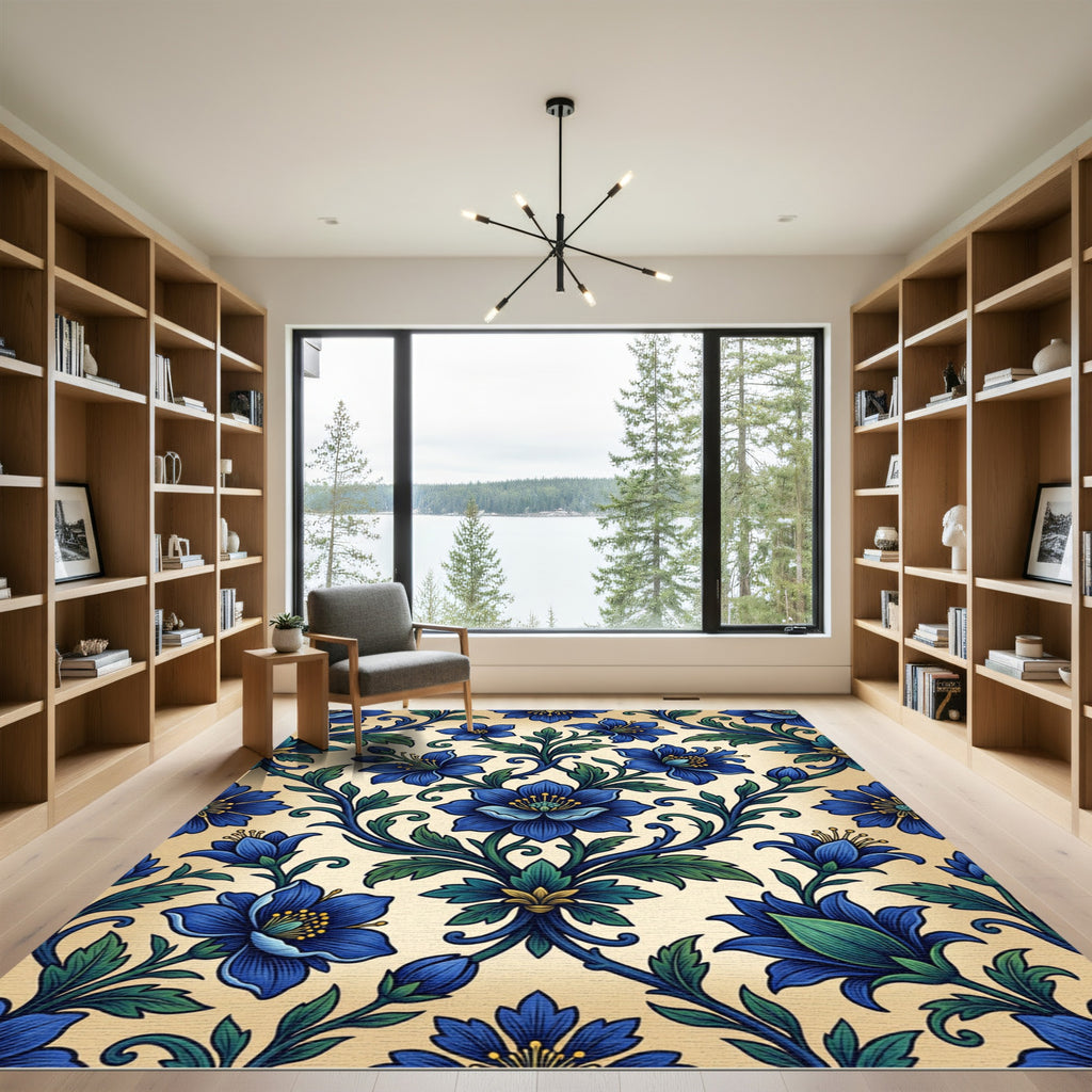 Elegant Cobalt Floral Scroll Damask Rug