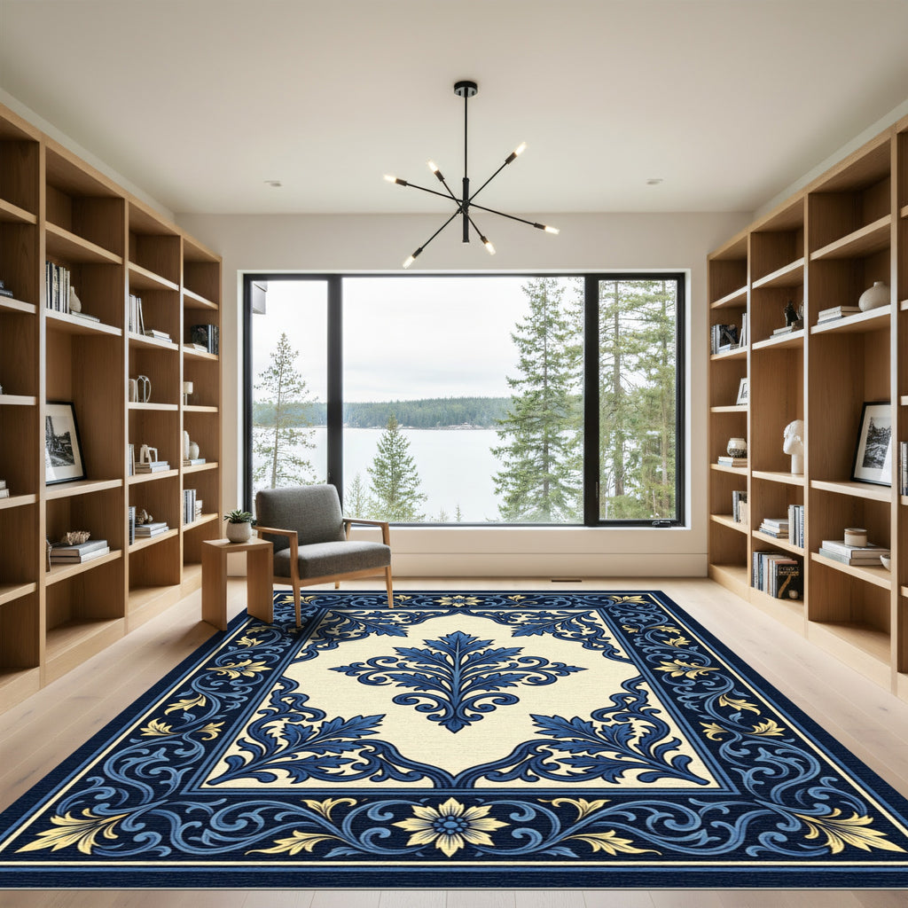 Ornate Navy Blue Golden Floral Frame Rug