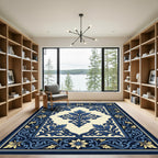 Ornate Navy Blue Golden Floral Frame Rug