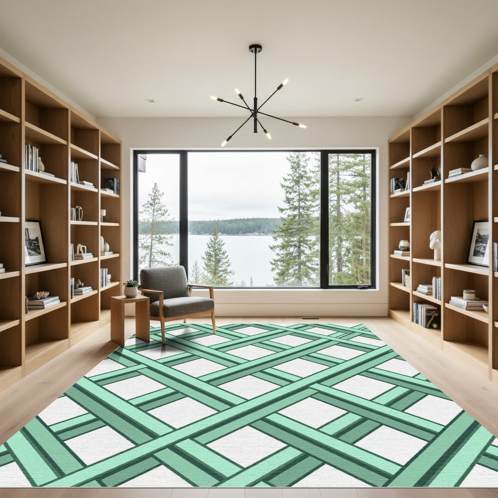 Mint Green Geometric Lattice Grid Rug