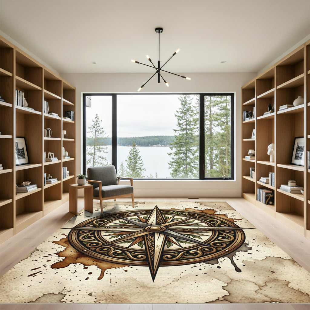 Ornate Golden Compass Nautical Map Rug
