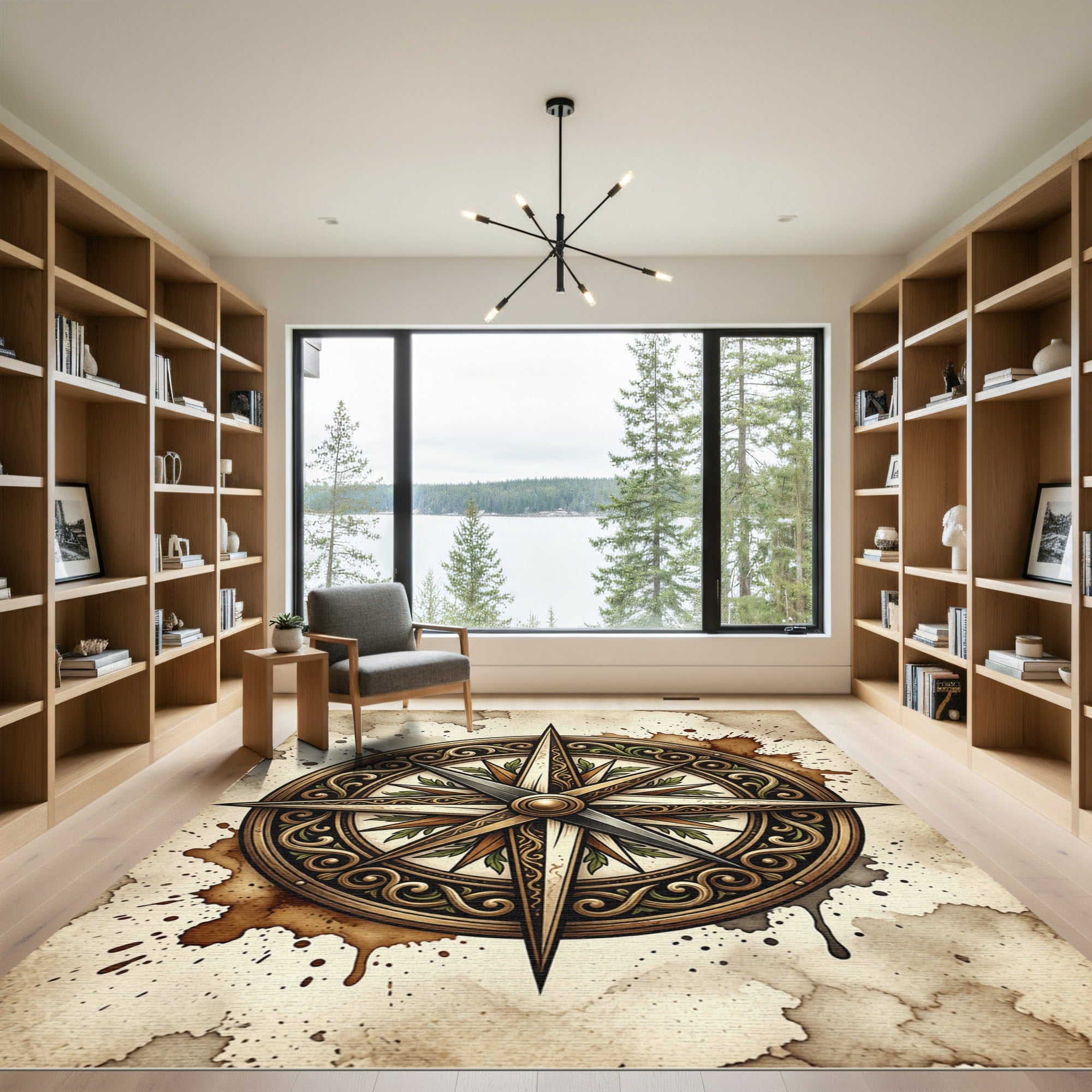Ornate Golden Compass Nautical Map Rug
