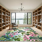 Watercolor Ivy and Pink Blossom Garden Rug