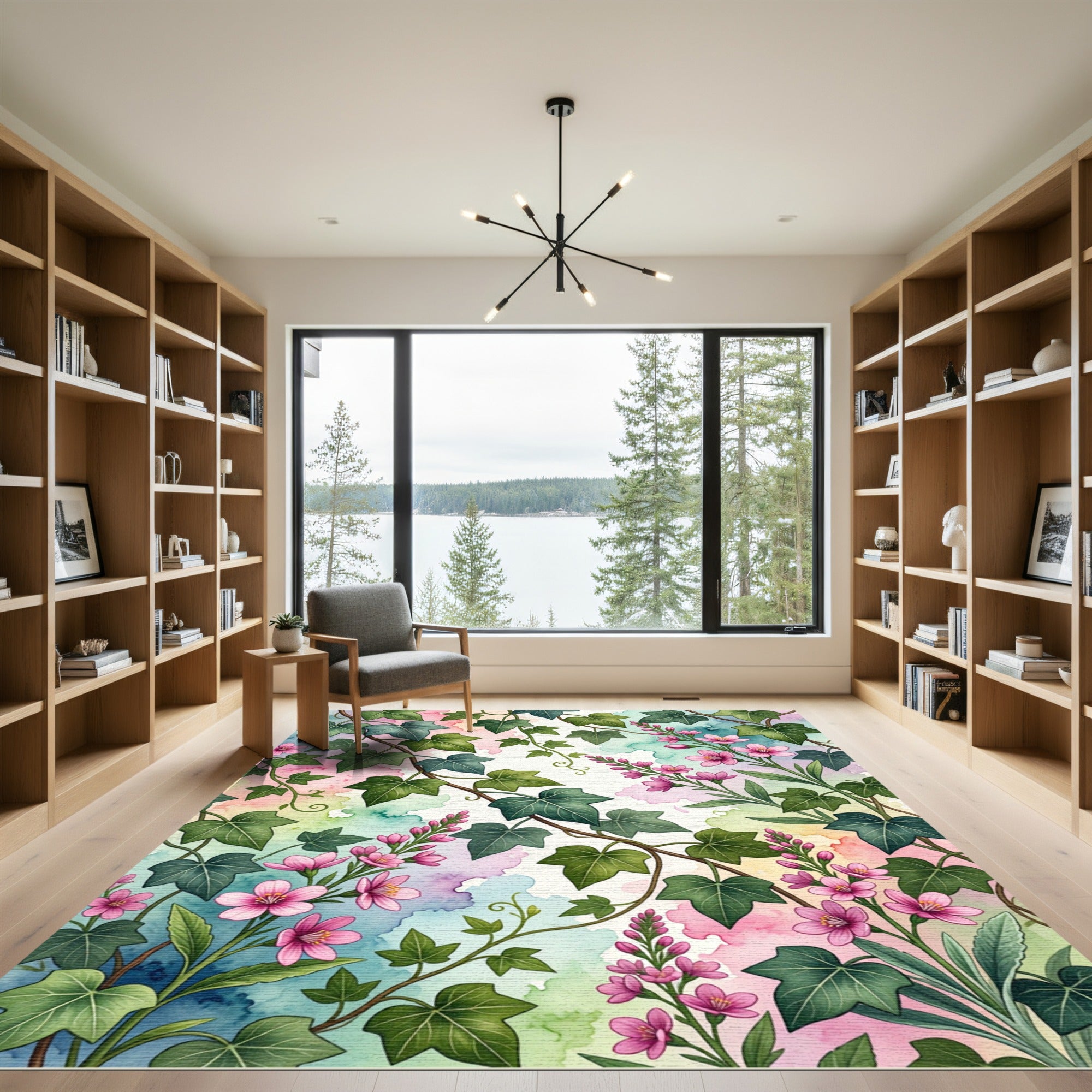Watercolor Ivy and Pink Blossom Garden Rug