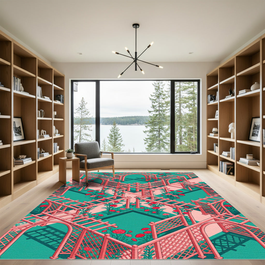 Isometric Pink Floral Lattice Garden Rug