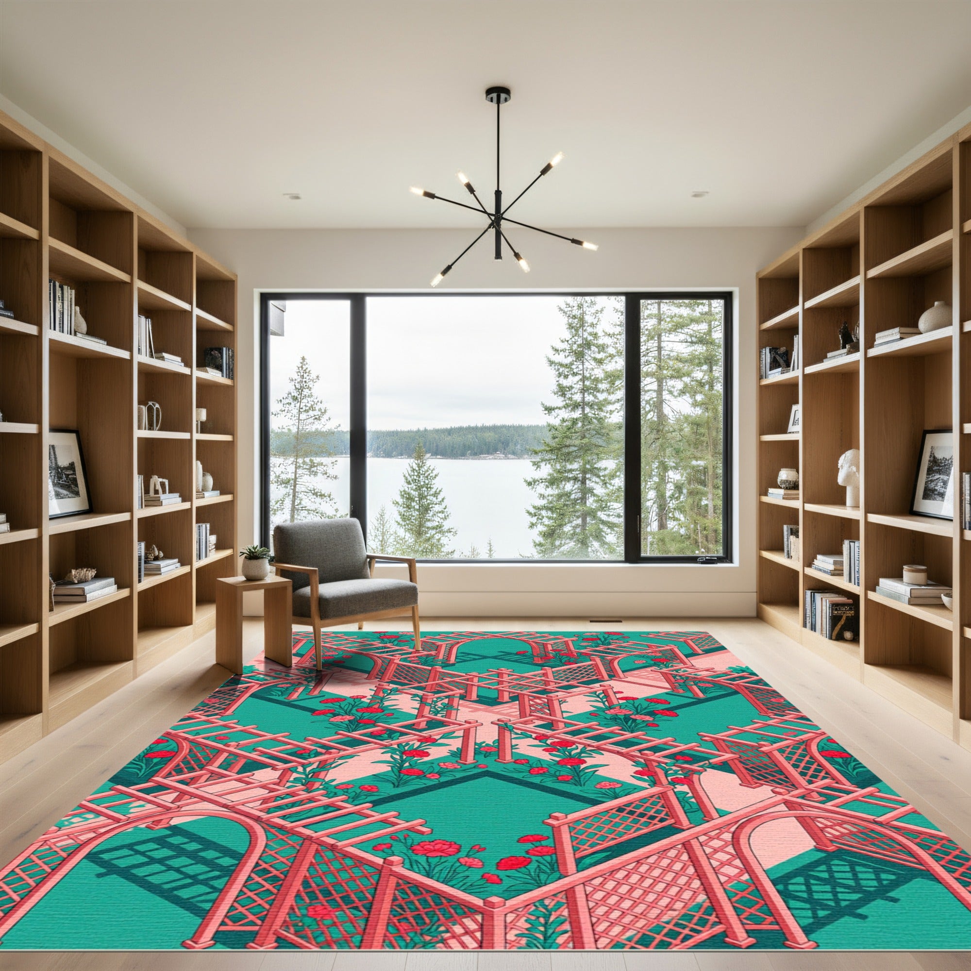 Isometric Pink Floral Lattice Garden Rug