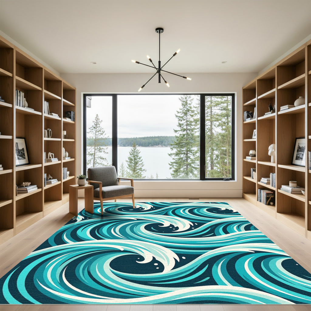 Abstract Teal Ocean Swirl Composed Art Rug