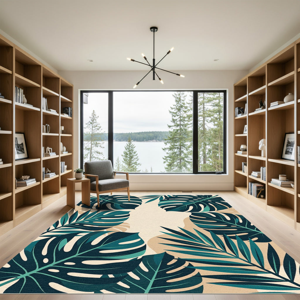 Deep Teal Tropical Leaf Arrangement Rug