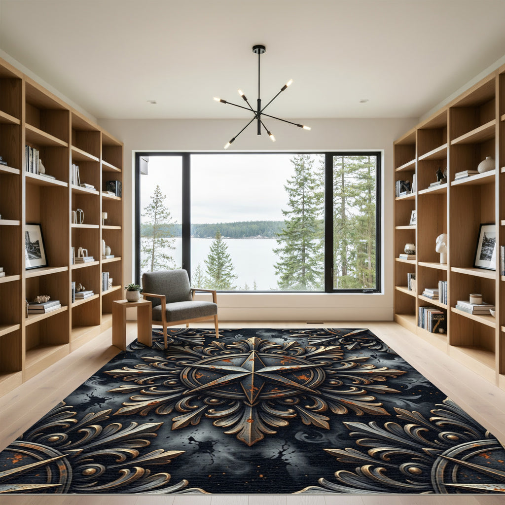 Ornate Black Gold Star Medallion Rug