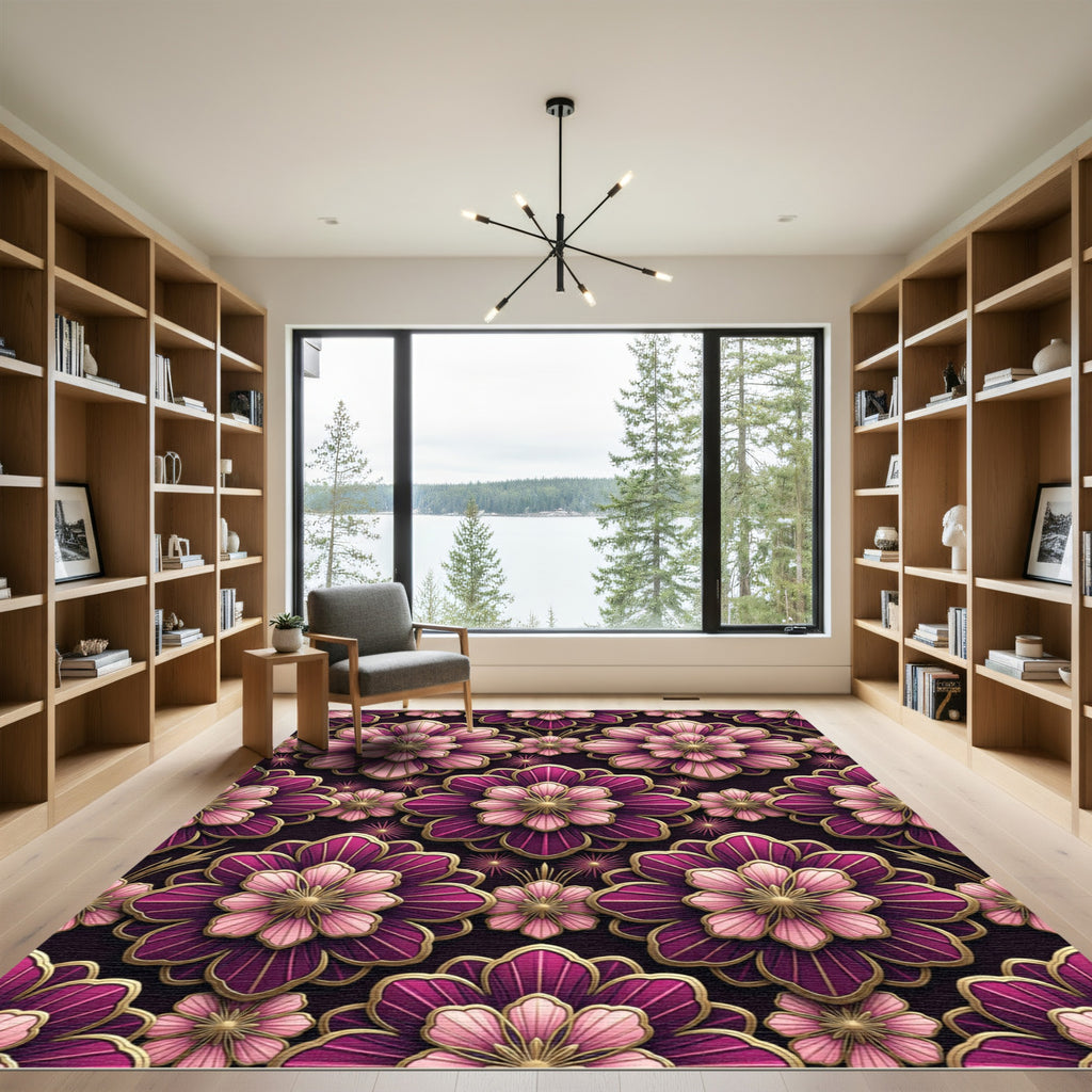 Pink Purple Floral Gold Embossed Rug