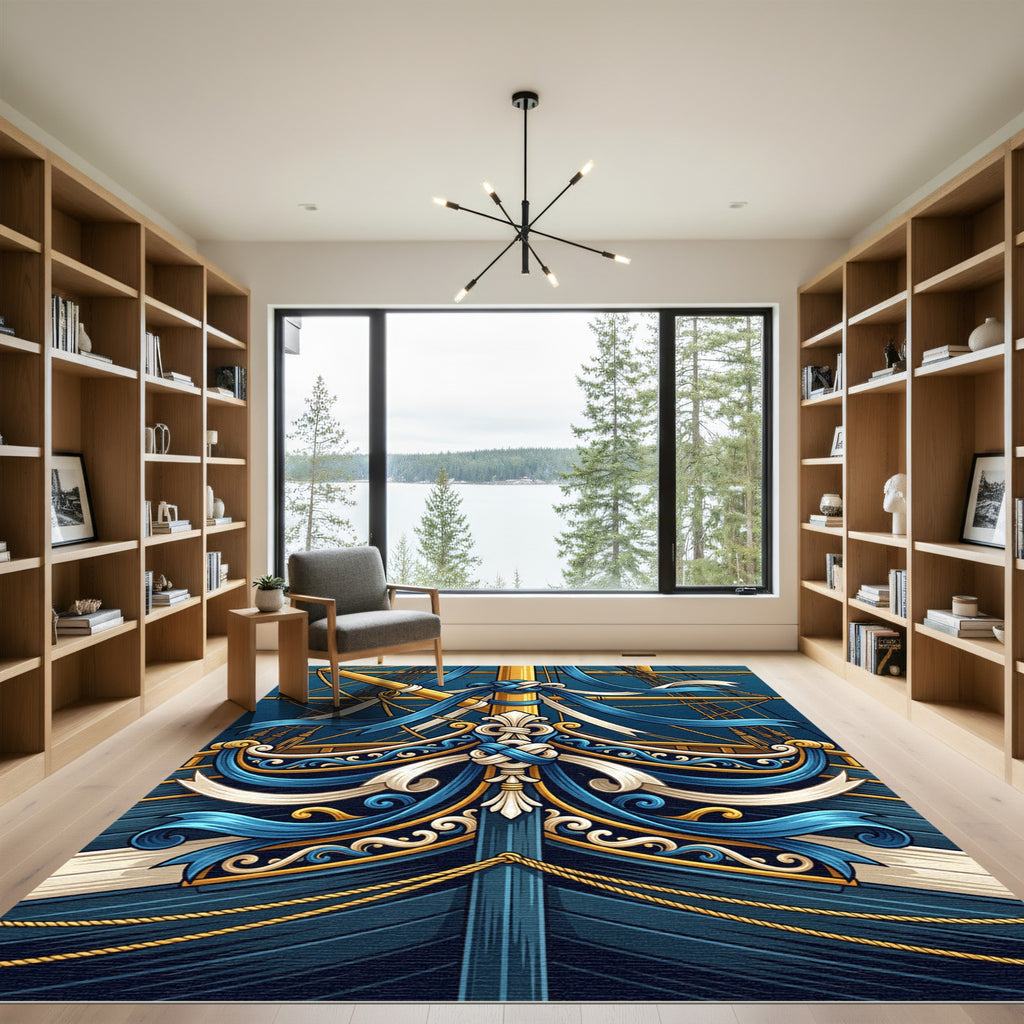 Elegant Navy Nautical Ship Ribbon Art Rug