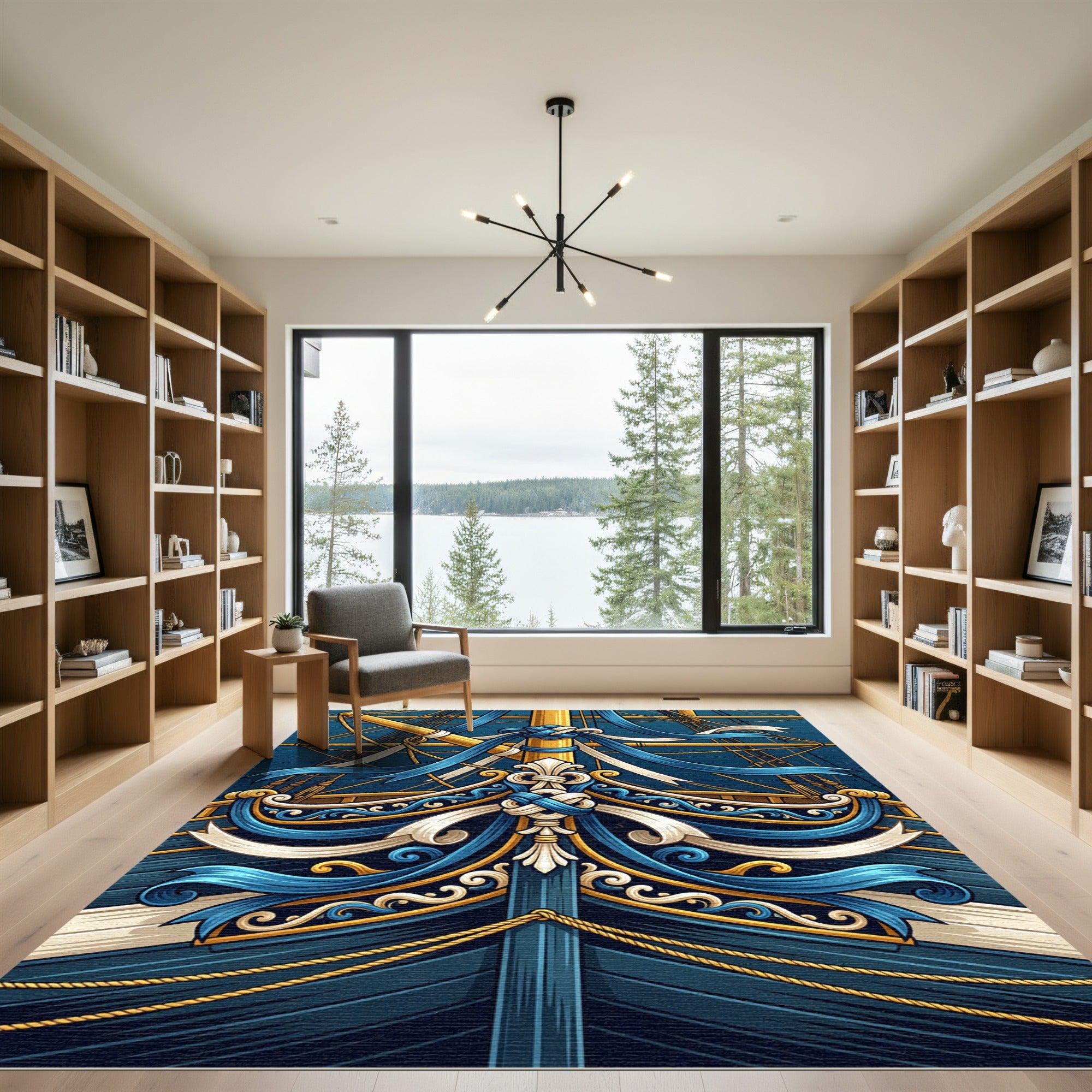 Elegant Navy Nautical Ship Ribbon Art Rug