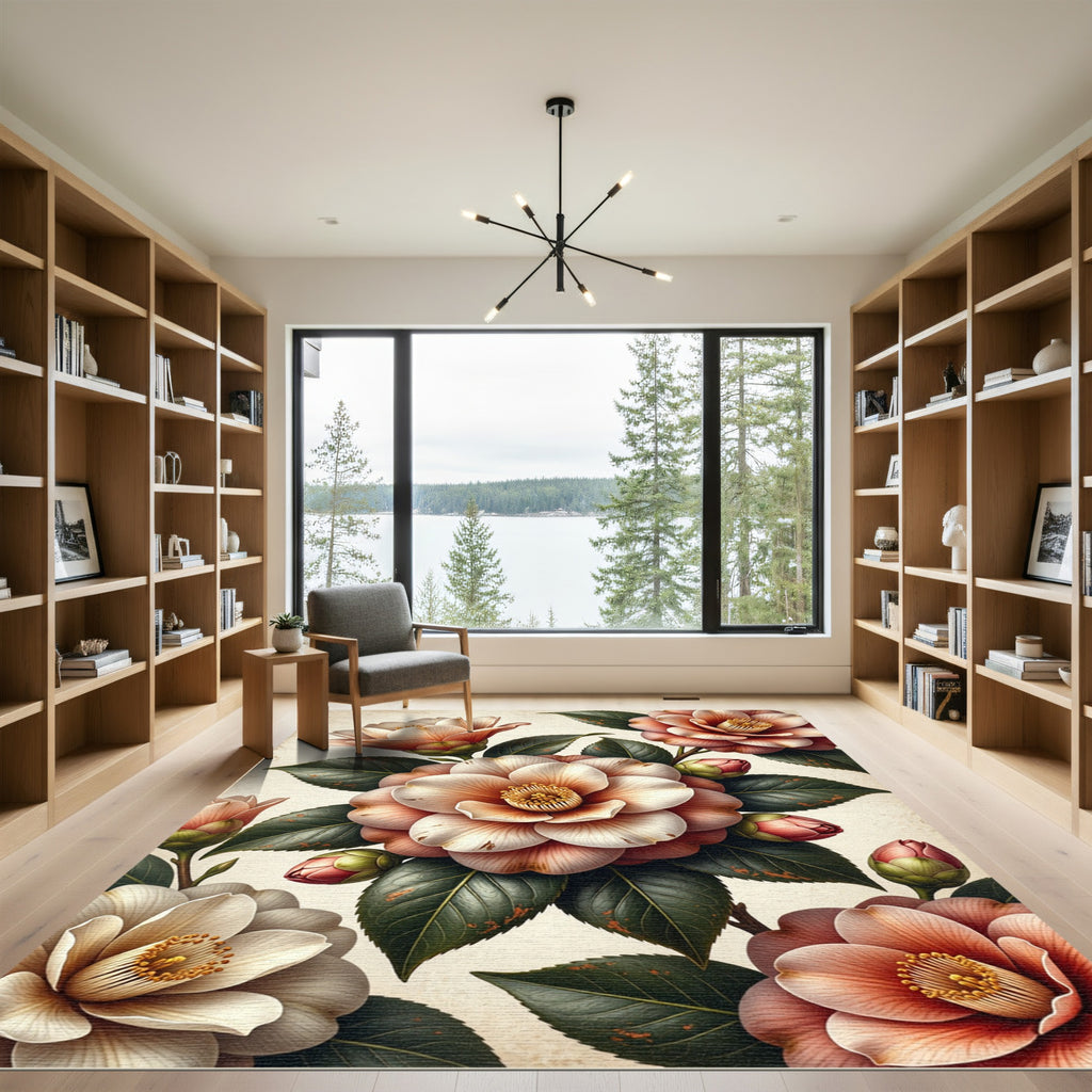 Elegant Peach Camellia Garden Bloom Rug