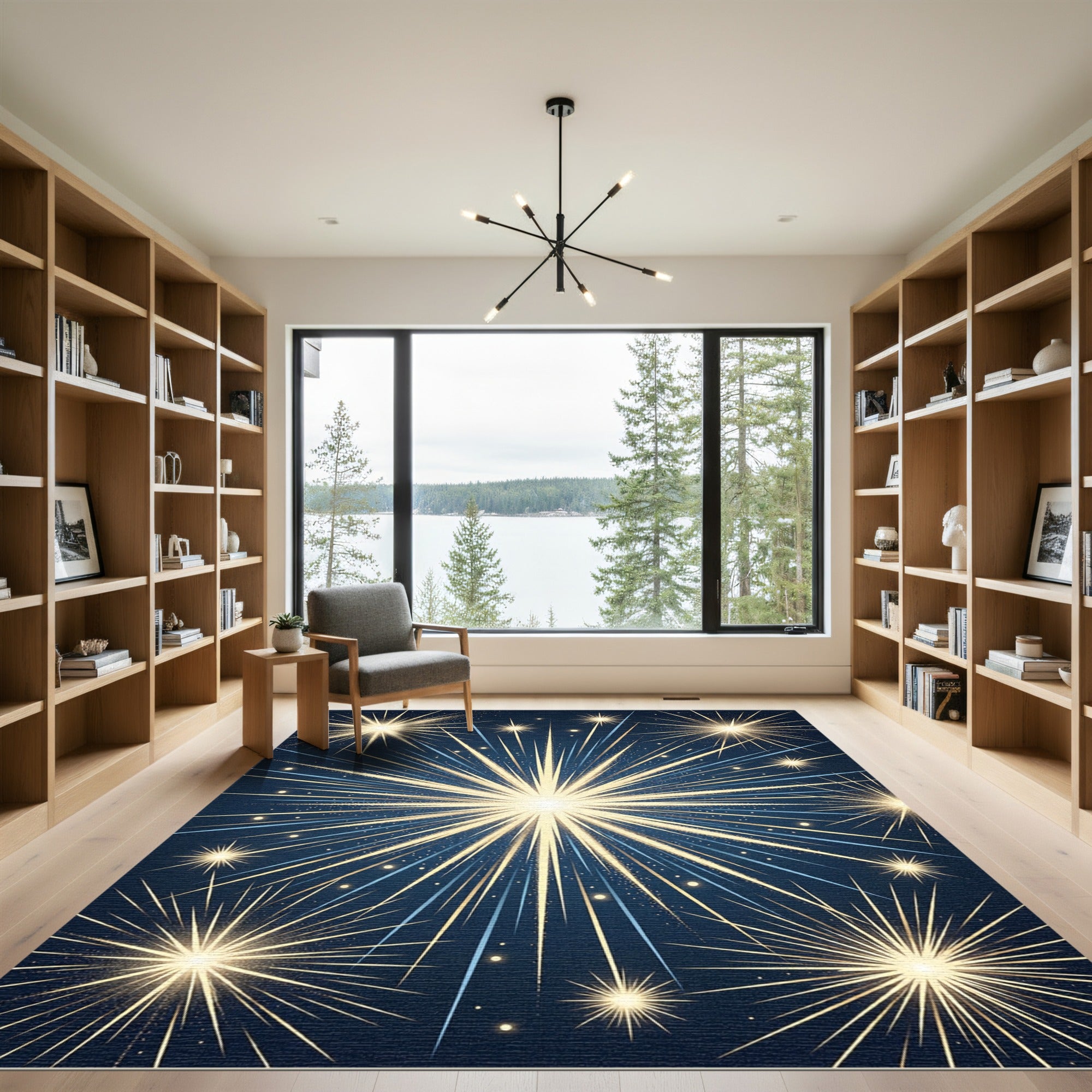Radiant Golden Starburst Midnight Blue Rug
