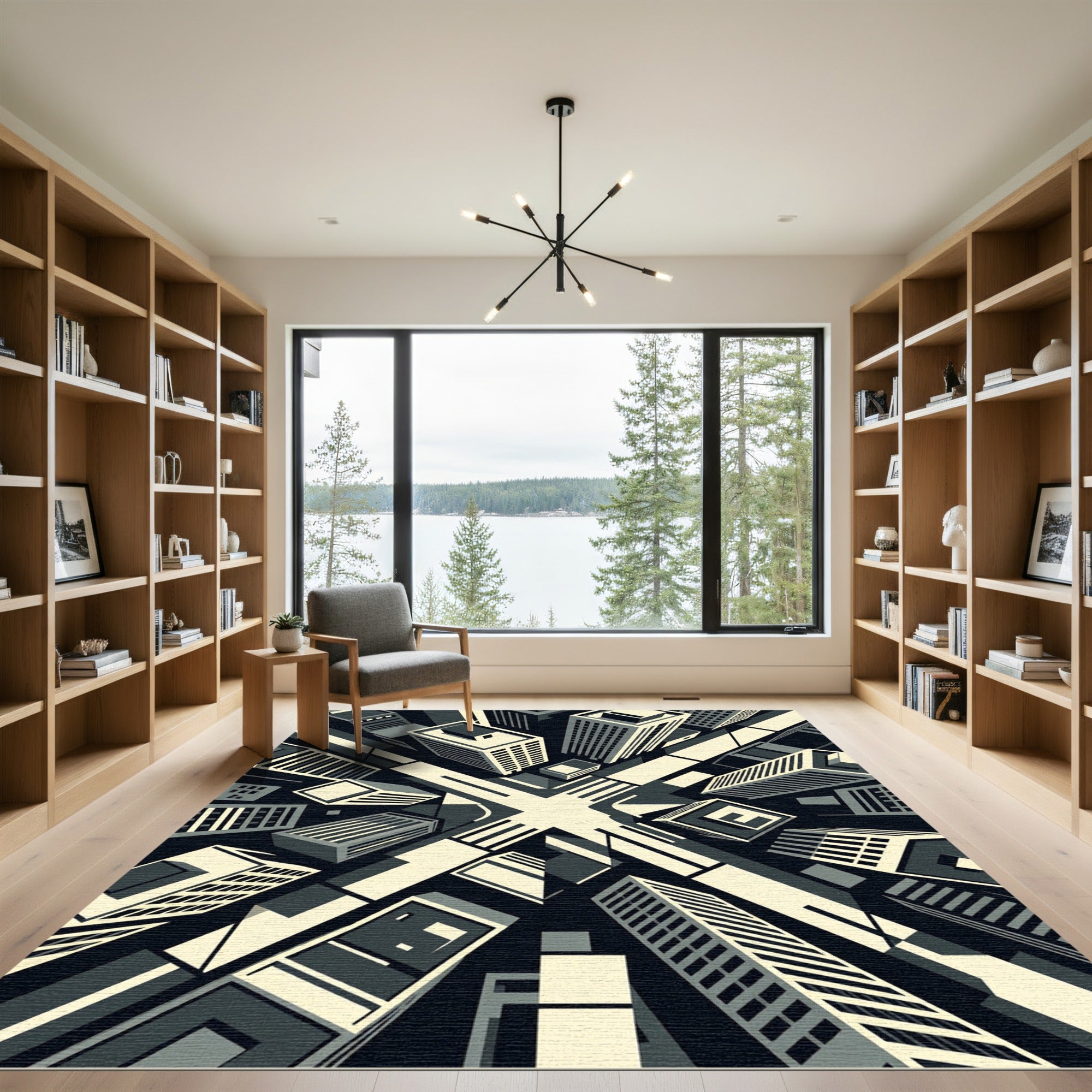 Monochrome Art Deco Cityscape Buildings Rug
