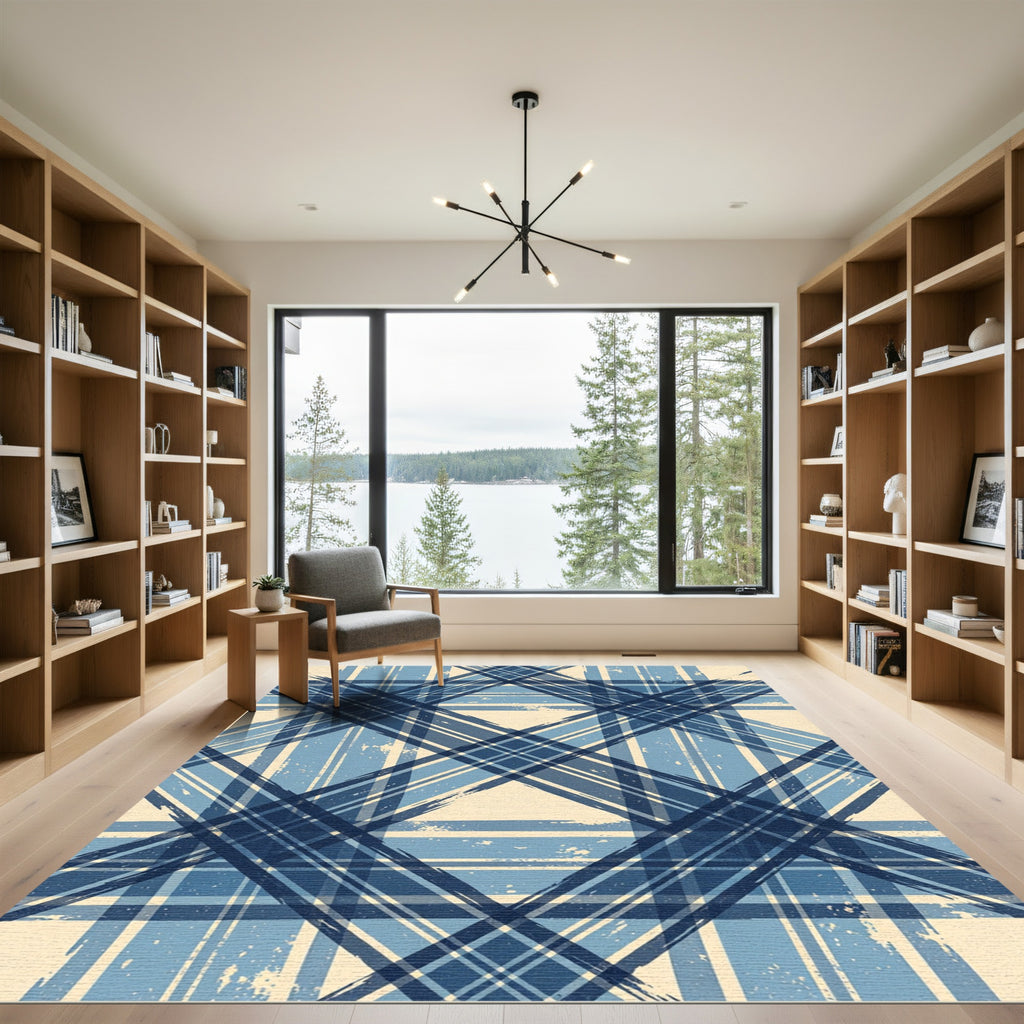 Distressed Navy Blue Plaid Geometric Rug