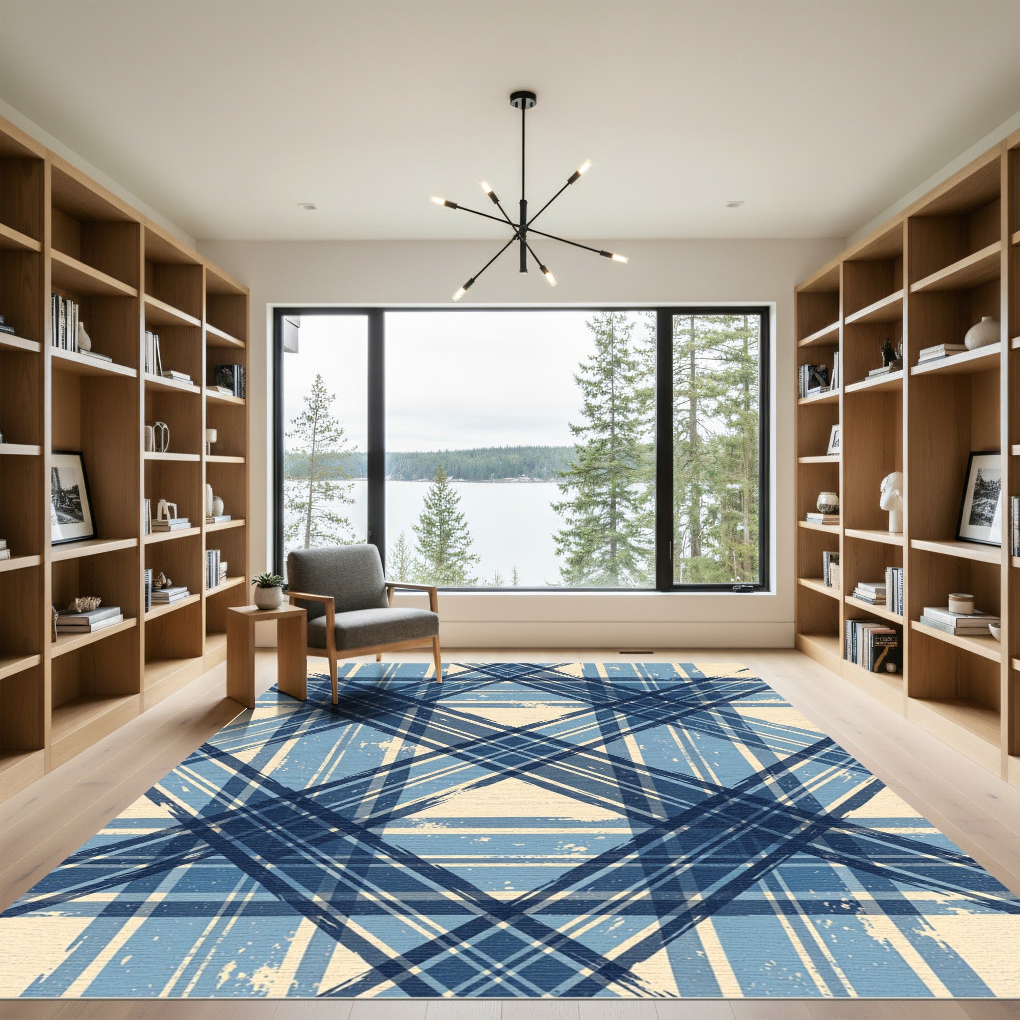 Distressed Navy Blue Plaid Geometric Rug