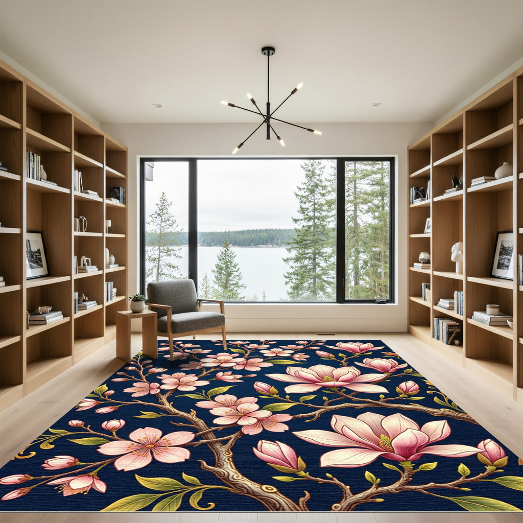 Elegant Pink Magnolia Blossom Navy Rug