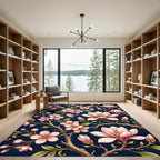 Elegant Pink Magnolia Blossom Navy Rug