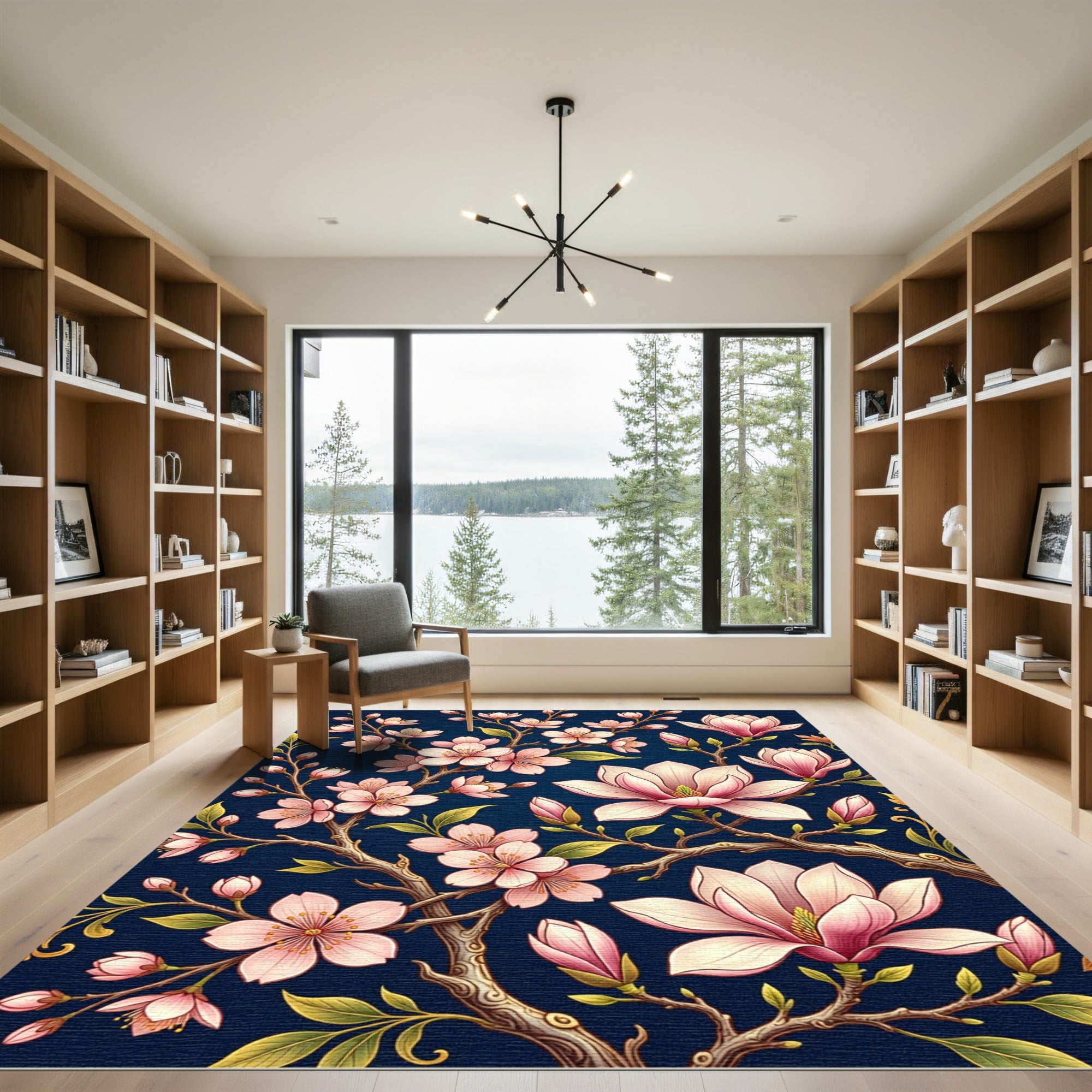 Elegant Pink Magnolia Blossom Navy Rug
