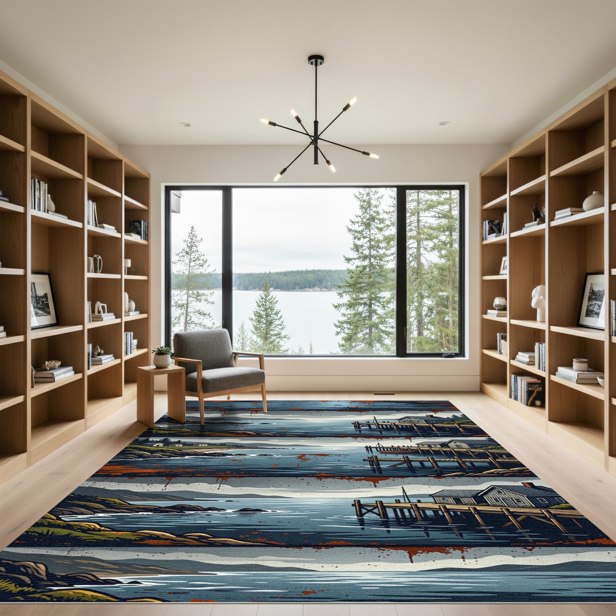 Stormy Coastal Village Dock Seascape Rug