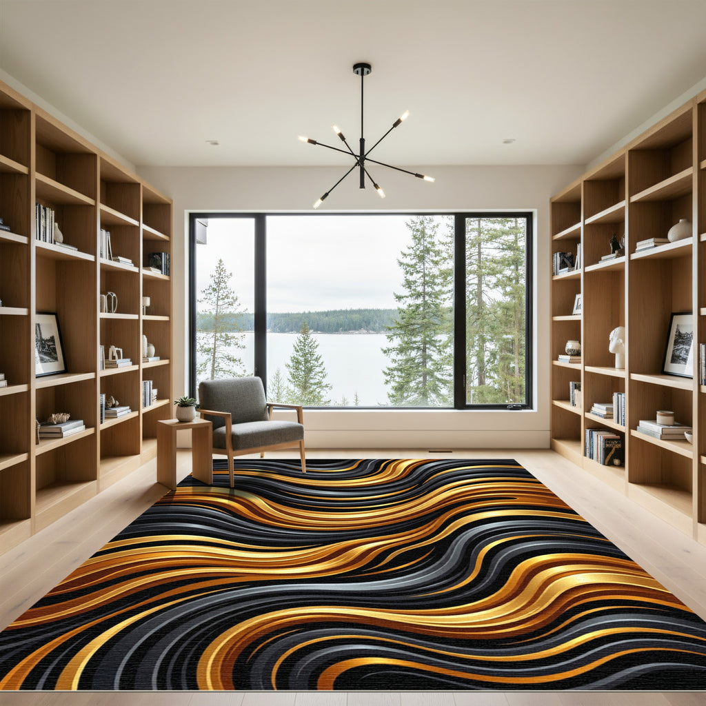 Luxurious Gold and Black Liquid Wave Rug
