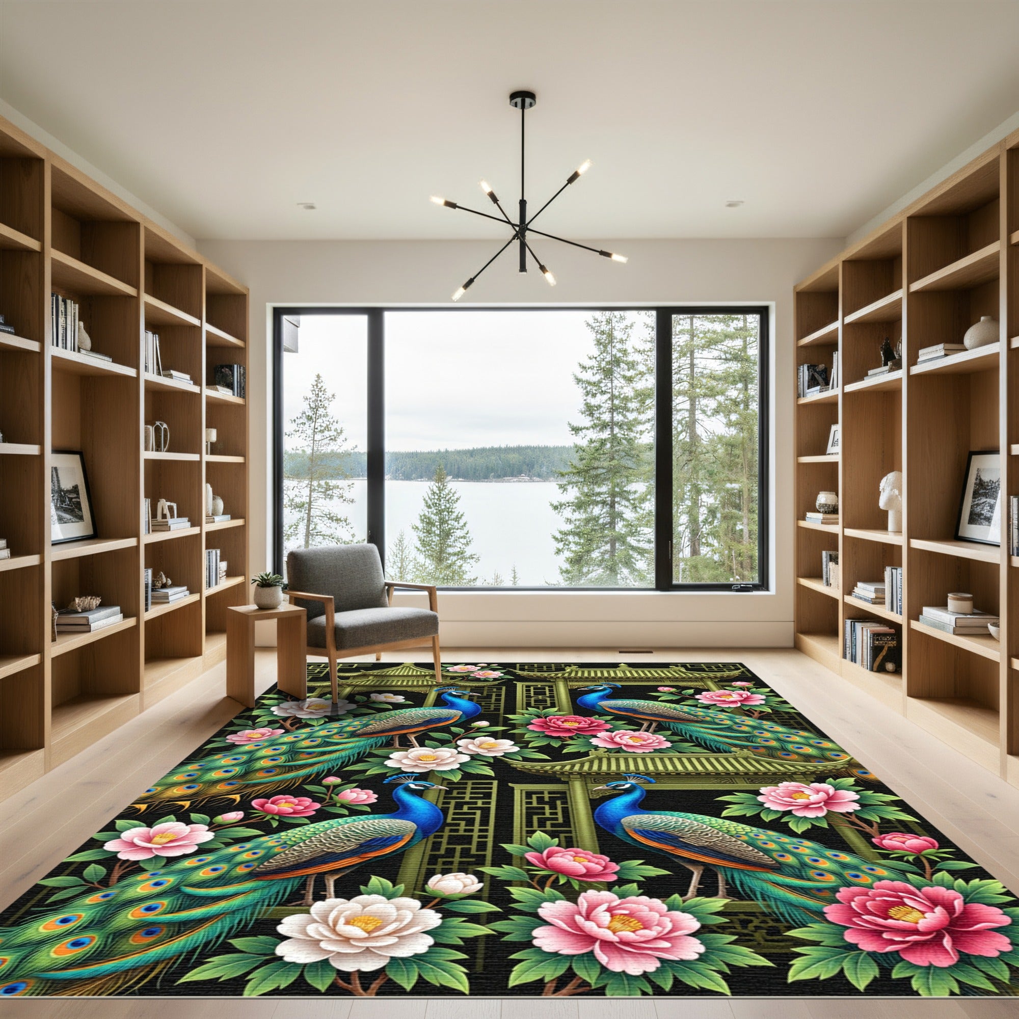 Ornate Peacock Peony Pagoda Chinoiserie Rug