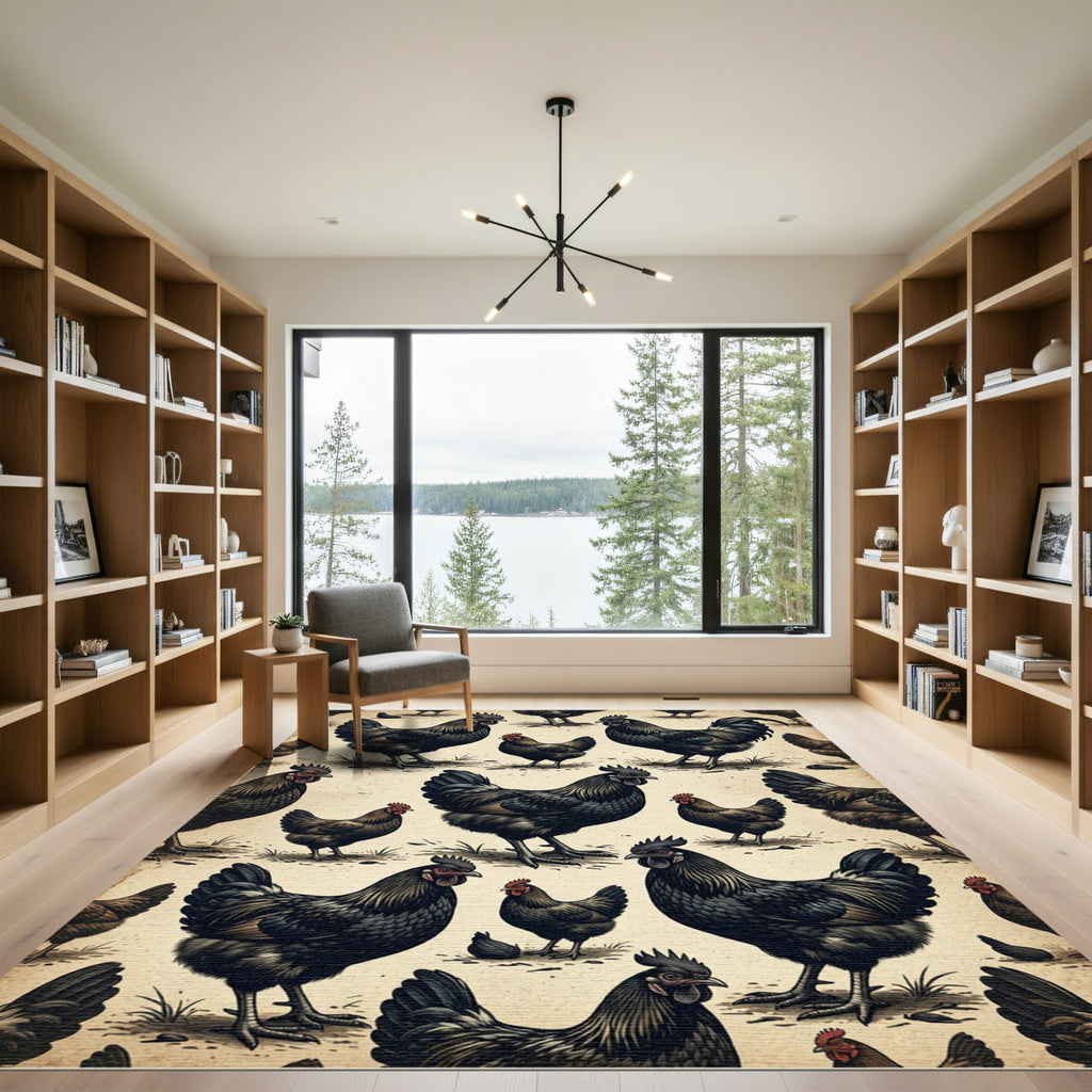 Vintage Black Chicken Farm Illustration Rug
