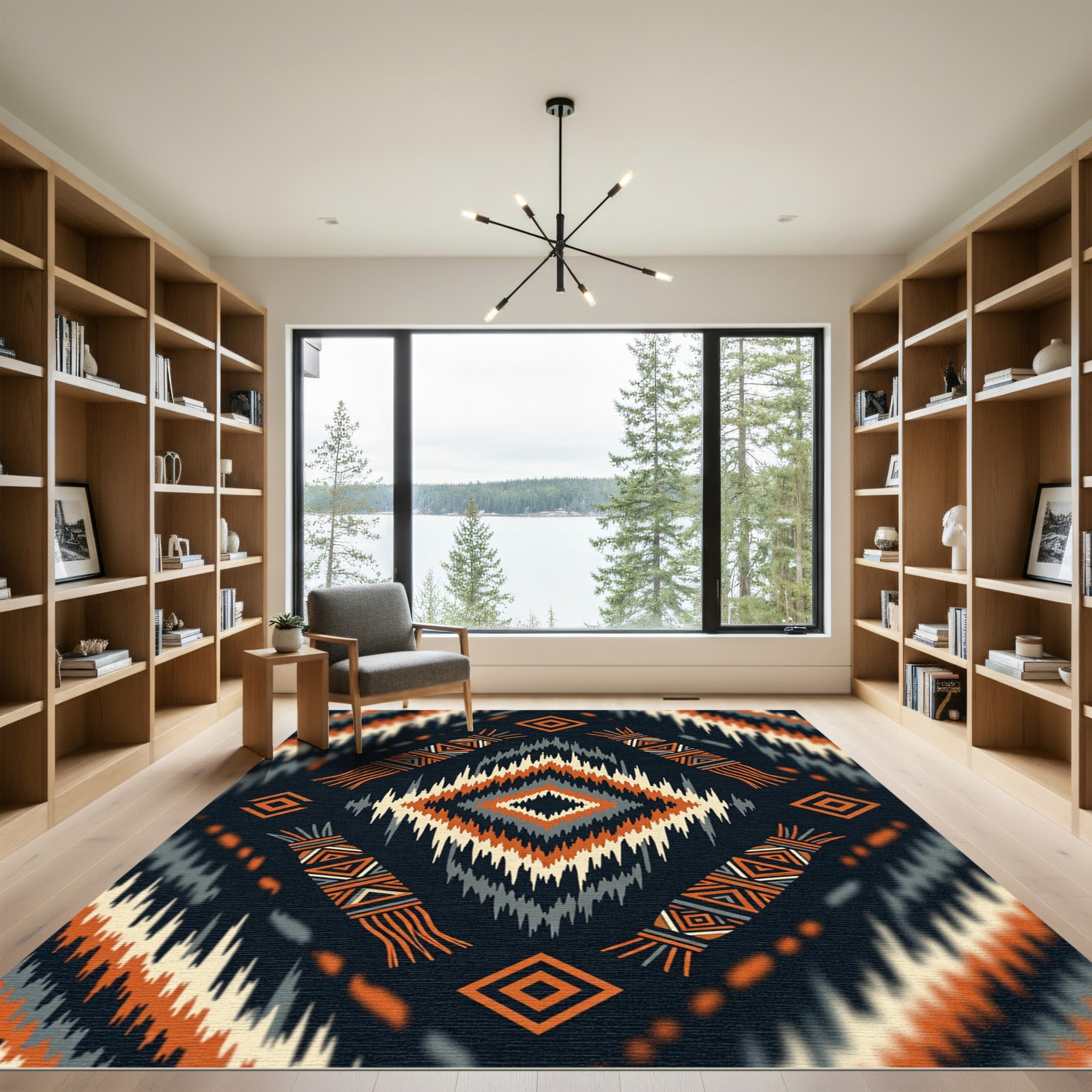 Orange Black Tribal Diamond Geometric Rug