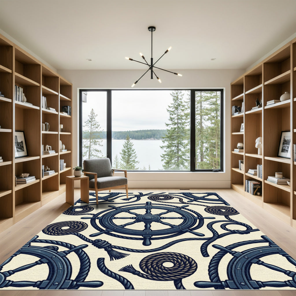 Navy Nautical Ship Wheel Rope Anchor Rug