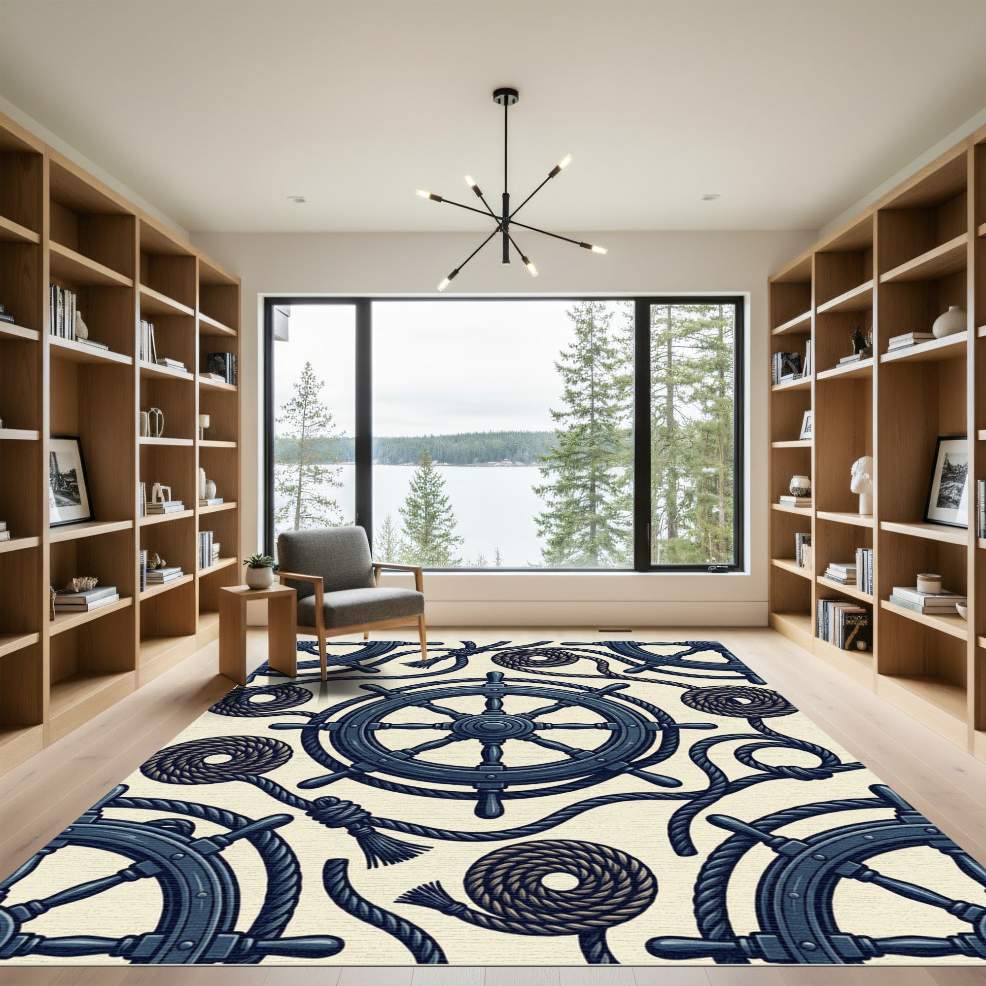 Navy Nautical Ship Wheel Rope Anchor Rug