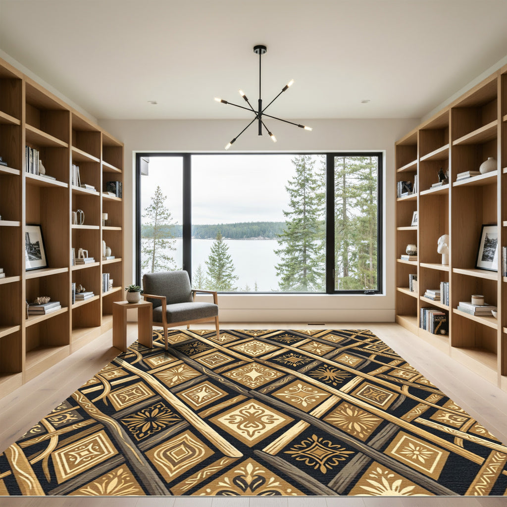 Golden Lattice Diamond Geometric Weave Rug