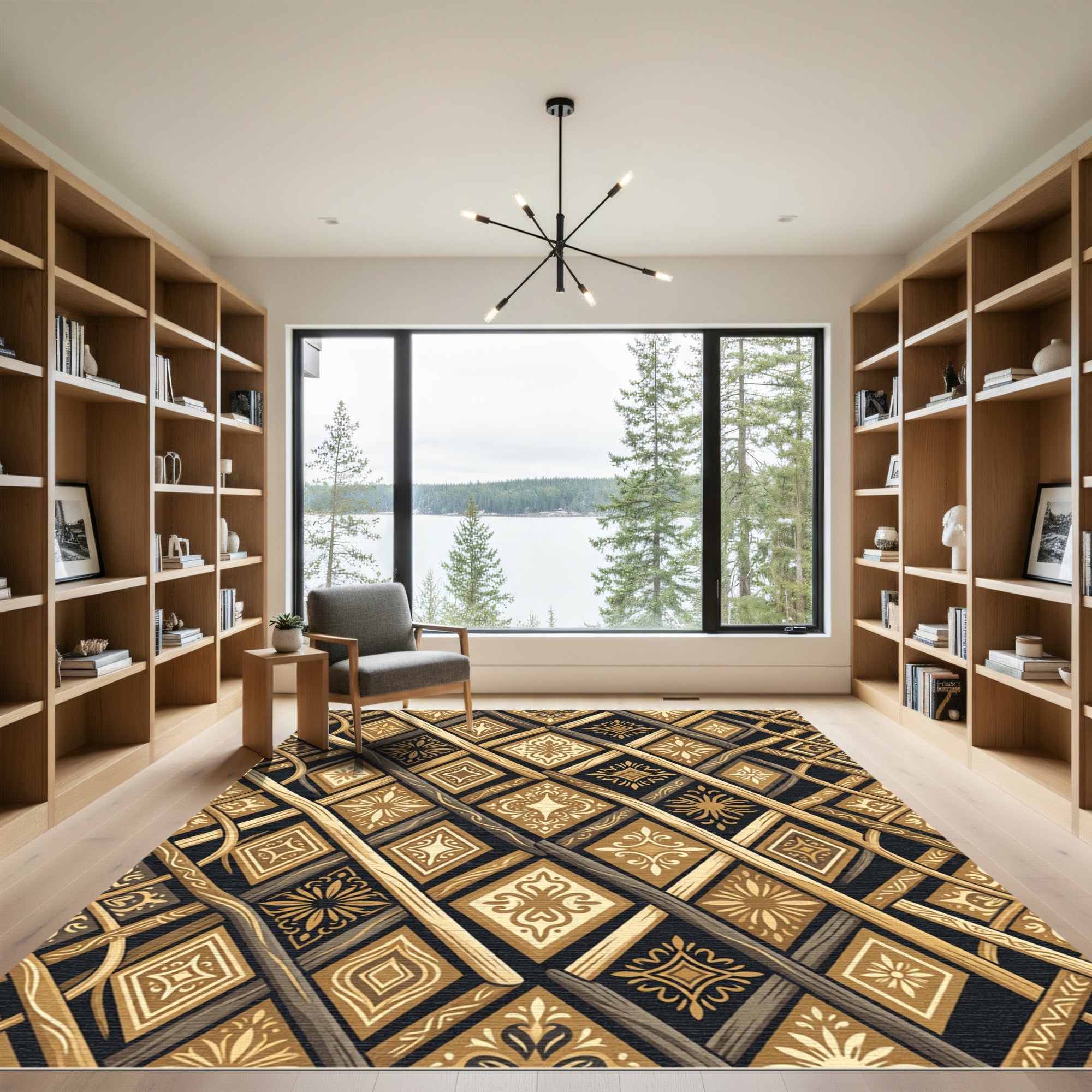 Golden Lattice Diamond Geometric Weave Rug