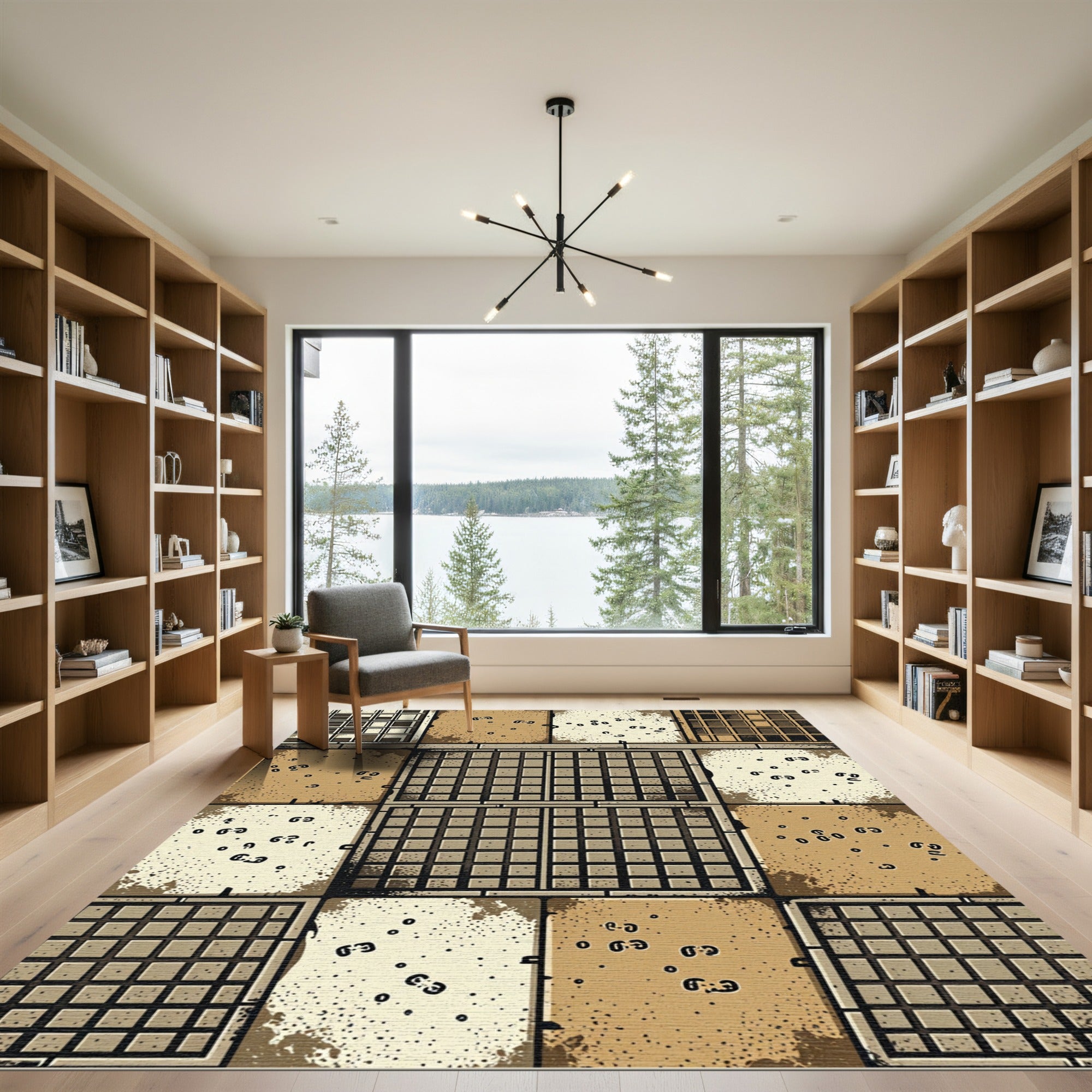Distressed Gridded Earth Tone Squares Rug