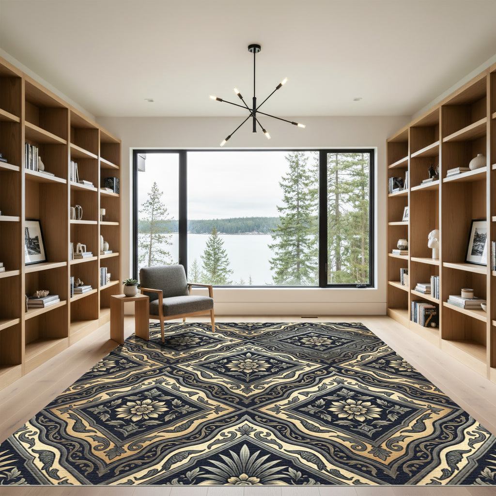 Elegant Charcoal and Gold Damask Medallion Rug