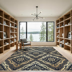 Elegant Charcoal and Gold Damask Medallion Rug