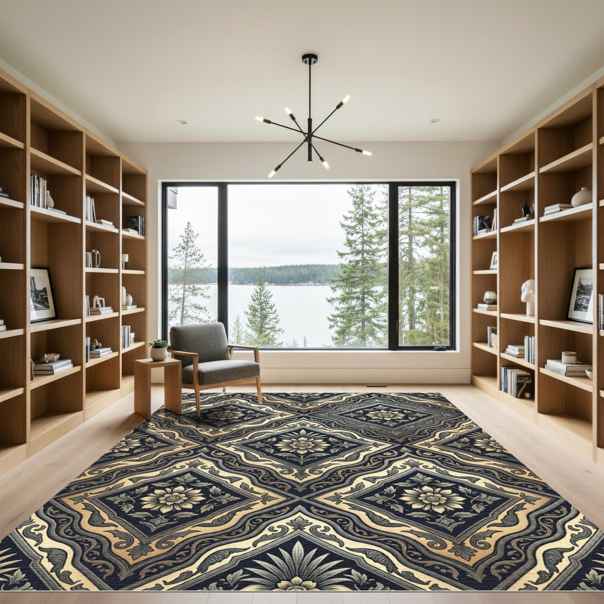 Elegant Charcoal and Gold Damask Medallion Rug