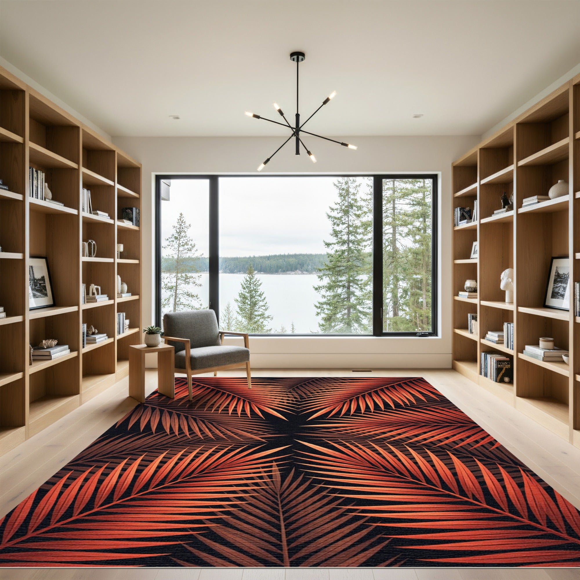 Vibrant Burnt Orange Palm Frond Abstract Rug