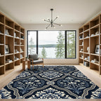 Navy Blue Floral Damask Scrollwork Rug