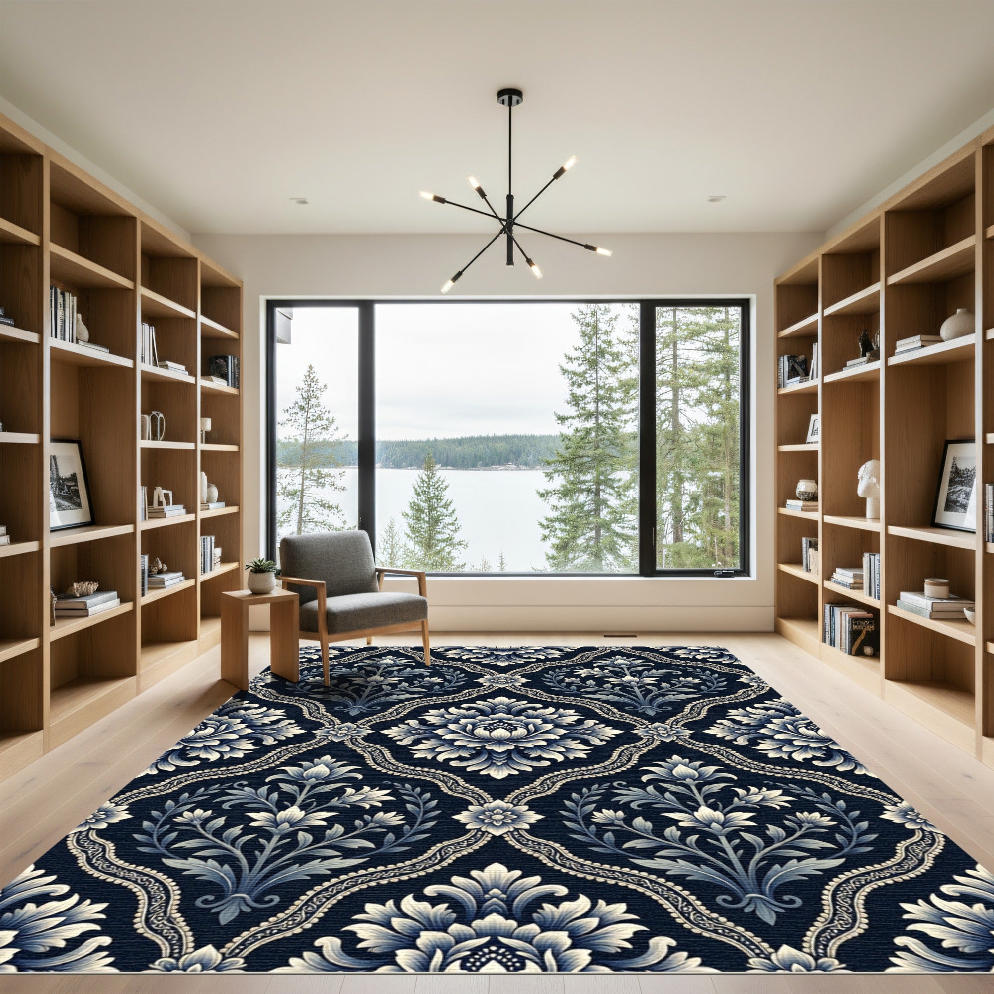 Navy Blue Floral Damask Scrollwork Rug