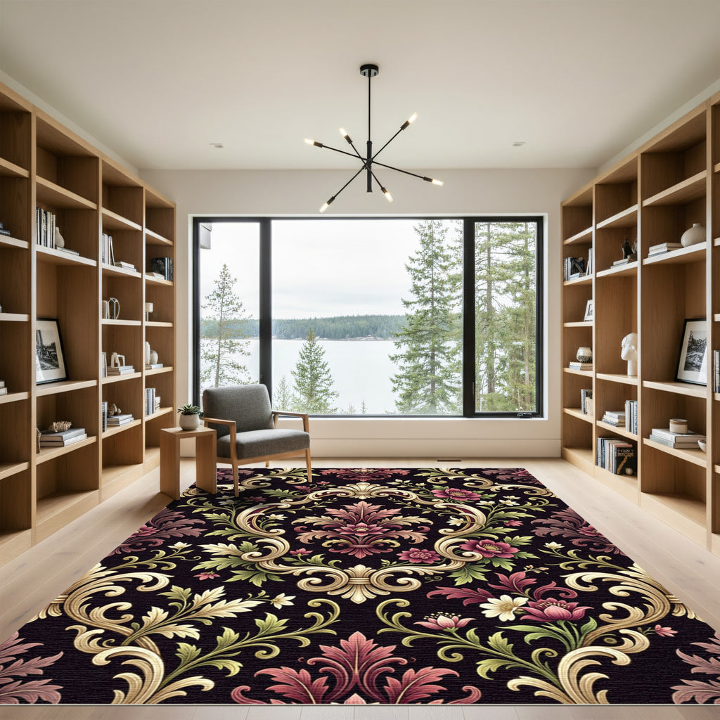 Ornate Crimson Floral Scrollwork Rug