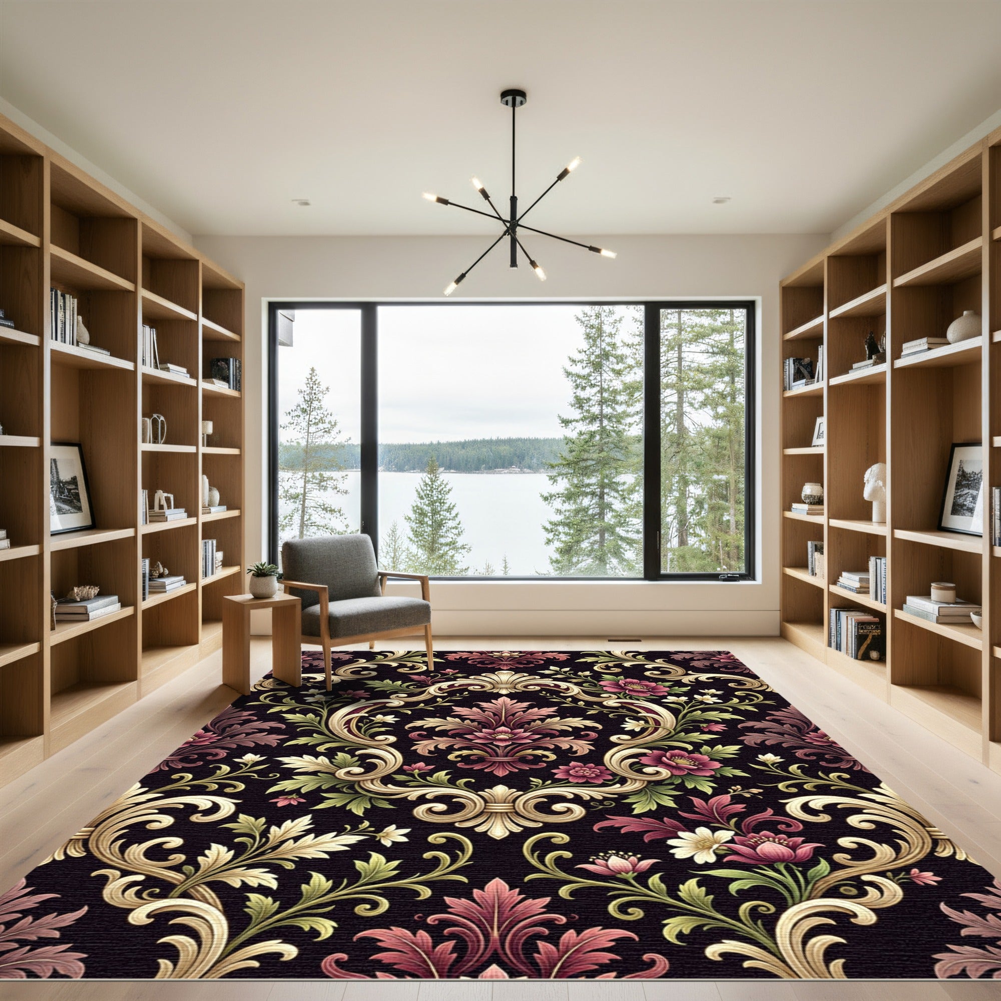 Ornate Crimson Floral Scrollwork Rug