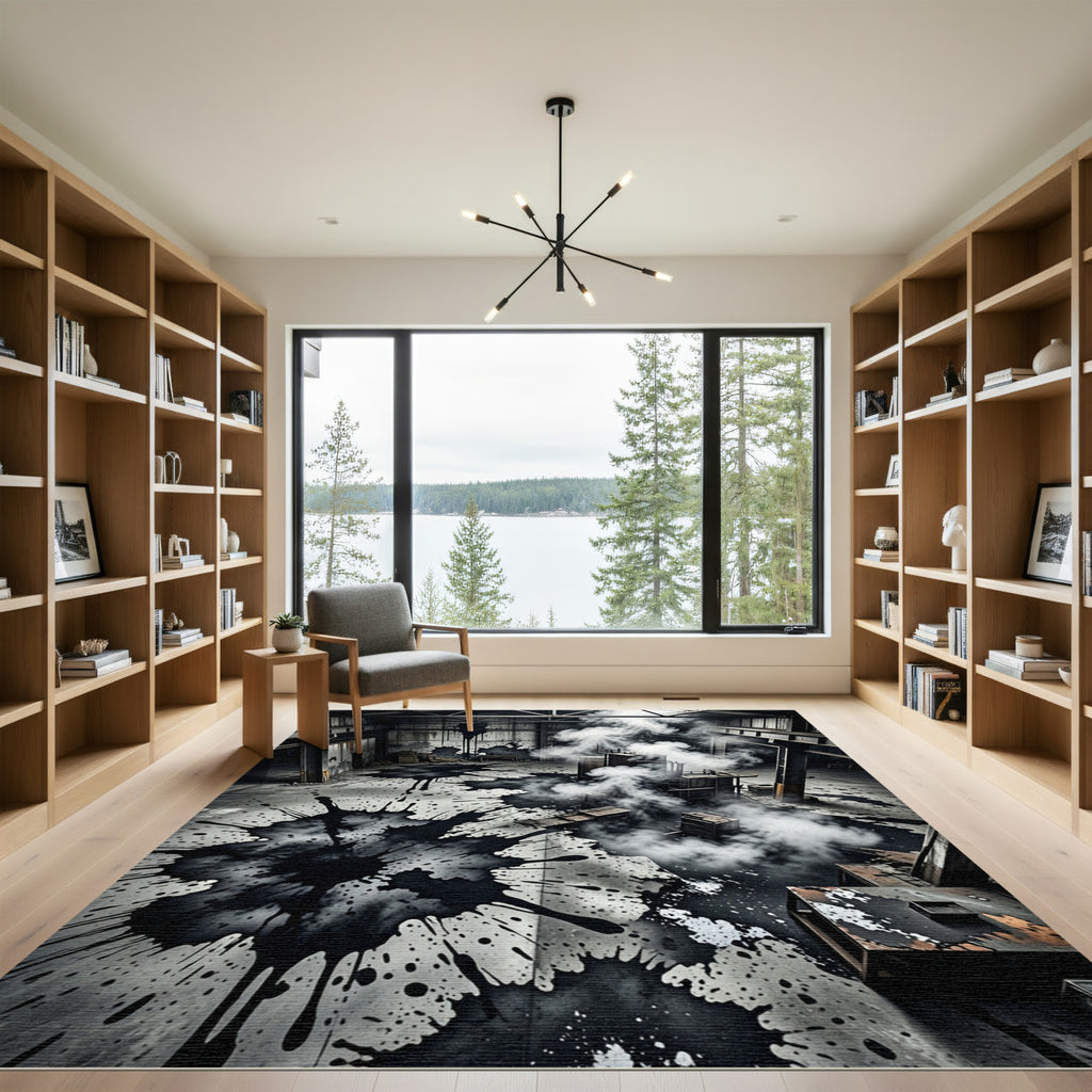 Industrial Black Ink Splatter Rug