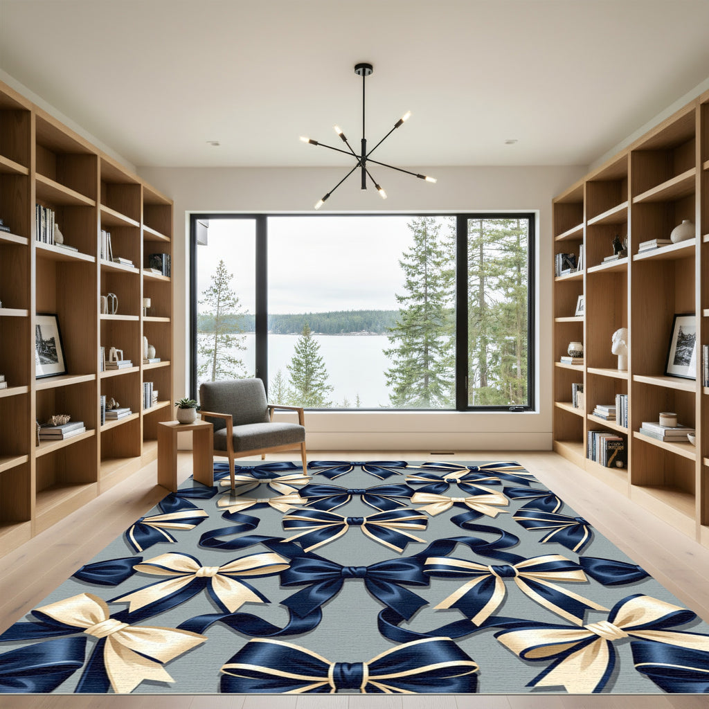 Navy Ribbons with Champagne Cream Bows Rug