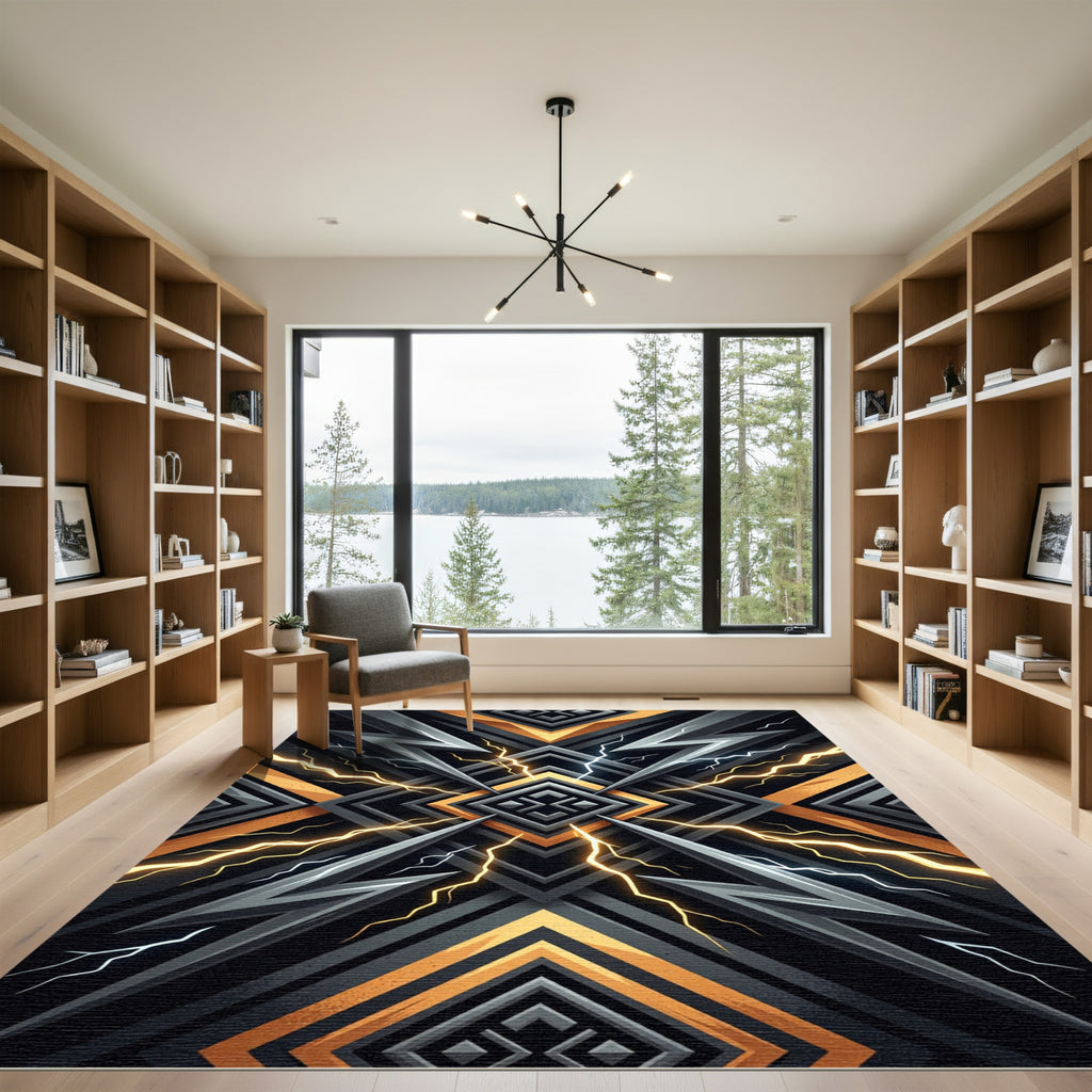 Dynamic Black Gold Lightning Geometric Rug