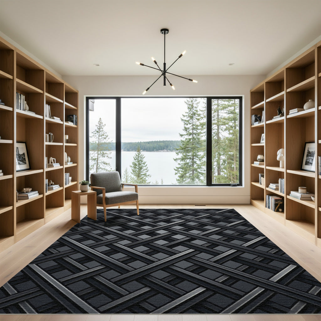 Modern Charcoal Intersecting Geometric Weave Rug